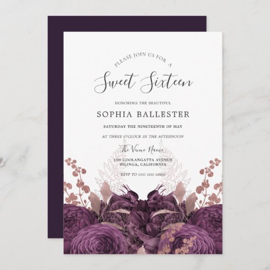Lila Burgundy Floral Elegant Sweet 16 Party Einladung (Vorne/Hinten)