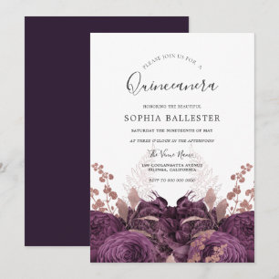 Lila Burgundy Floral Elegantes Quinceanera Party Einladung