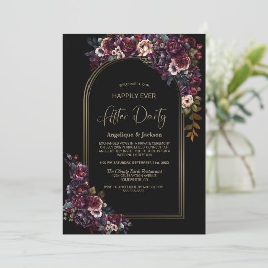 Lila Burgundy Schwarze Hochzeit nach dem Party Einladung (Stehend Vorderseite)