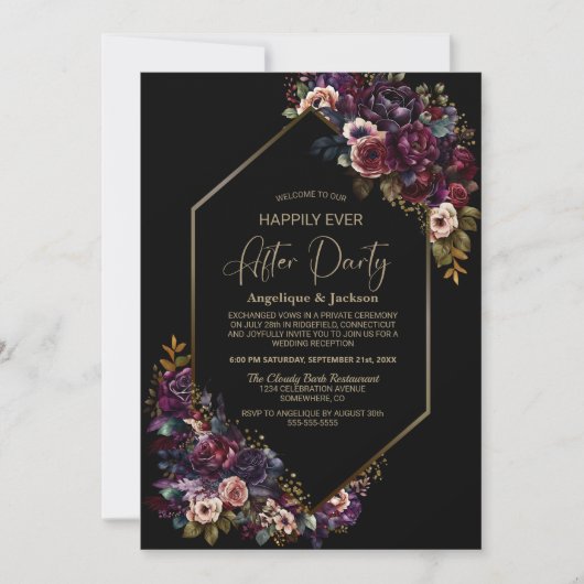 Lila Burgundy Schwarze Hochzeit nach dem Party Einladung (Vorderseite)