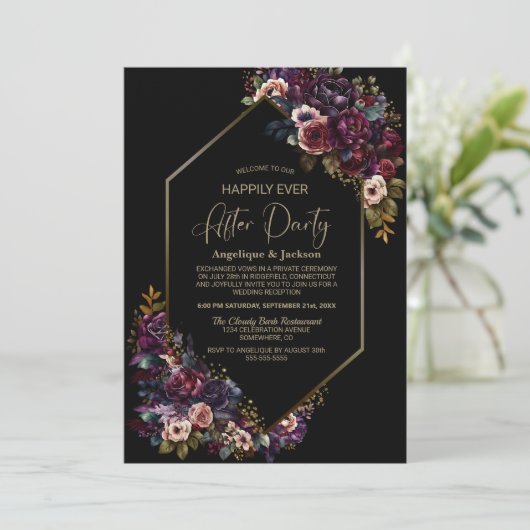 Lila Burgundy Schwarze Hochzeit nach dem Party Einladung (Stehend Vorderseite)