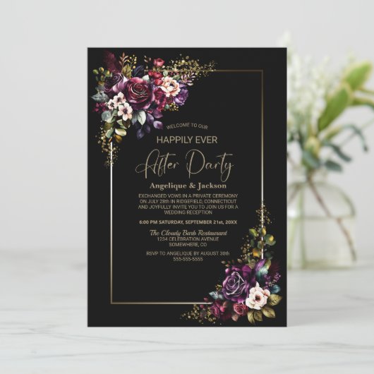 Lila Burgundy Schwarze Hochzeit nach dem Party Einladung (Stehend Vorderseite)