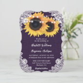 Lila Burlap Blumen Lace Sonnenblume Hochzeit Einladung (Stehend Vorderseite)