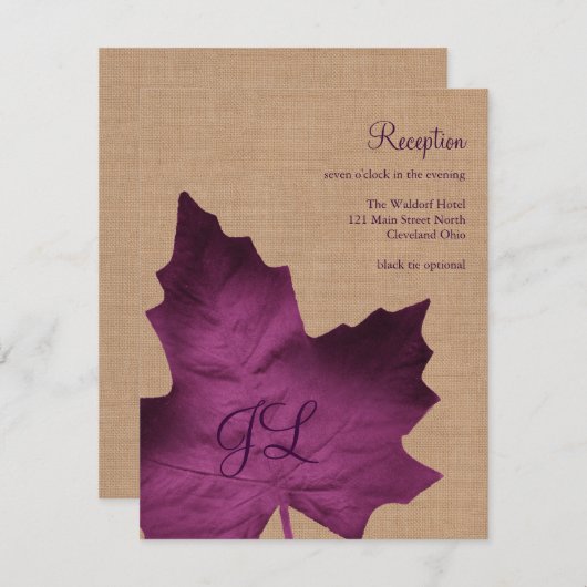 Lila Burlap Mit Monogramm Empfang-Karte Einladung (Vorne/Hinten)