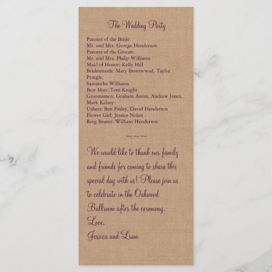 Lila Burlap-Mit Monogramm-Hochzeitsprogramm Programm (Rückseite)