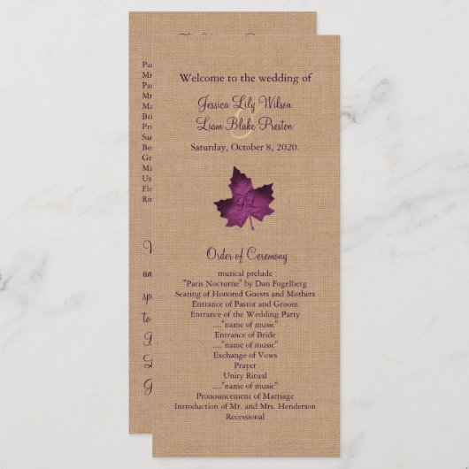 Lila Burlap-Mit Monogramm-Hochzeitsprogramm Programm (Vorne/Hinten)