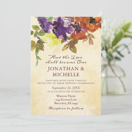 Lila Burnt Orange Christliche Hochzeit Einladung (Stehend Vorderseite)