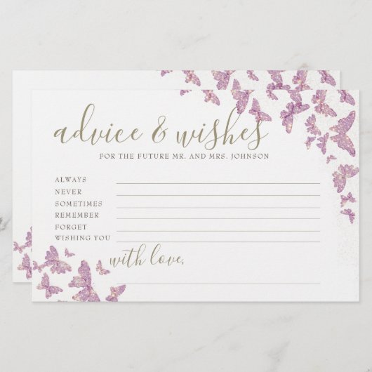 Lila Butterfly Advice Spiel Mr. Mrs. Brautparty Briefpapier (Vorne/Hinten)