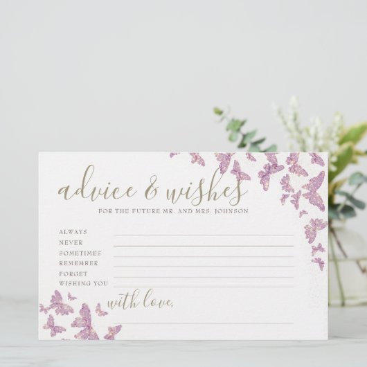 Lila Butterfly Advice Spiel Mr. Mrs. Brautparty Briefpapier (Stehend Vorderseite)