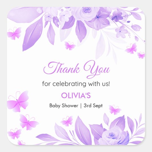 Lila Butterfly Baby Dusche Danke Quadratischer Aufkleber (Vorderseite)