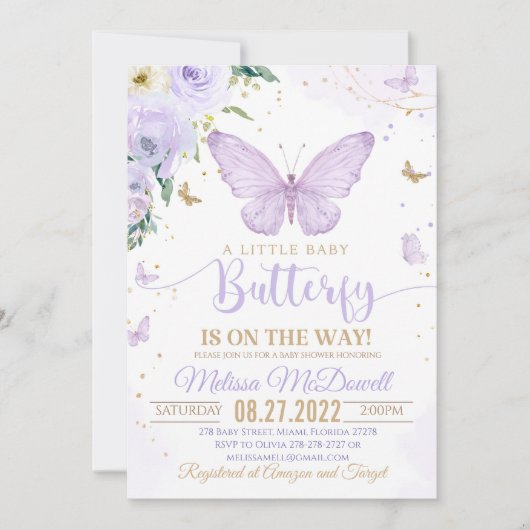 Lila Butterfly Baby Dusche Einladung Girl Invit (Vorderseite)