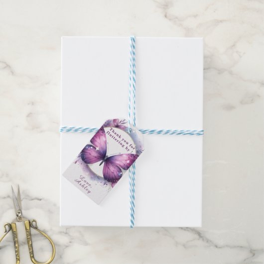 Lila Butterfly Baby Dusche Vielen Dank Geschenkanhänger (Mit Garn)