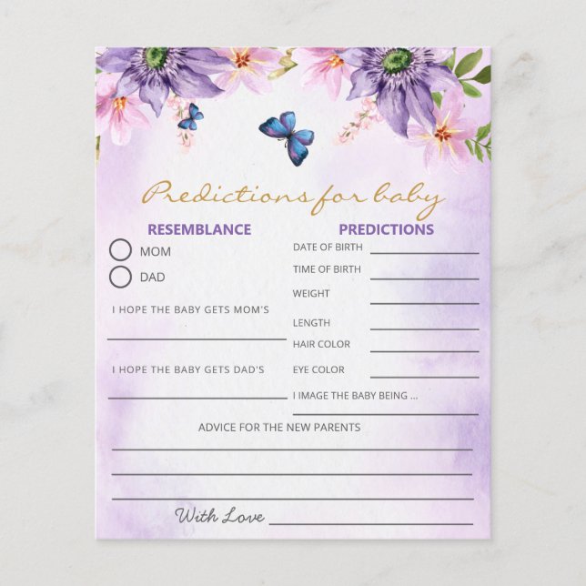 Lila Butterfly Baby Shower Game Predictions Card (Vorderseite)