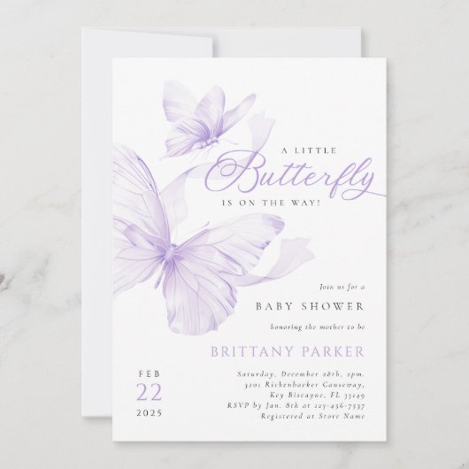 Lila Butterfly Babydusche Einladung (Vorderseite)