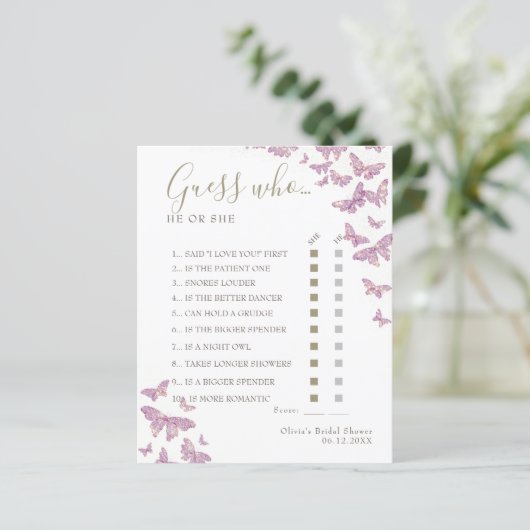 Lila Butterfly Boho Brautparty Ratess Wer Game (Stehend Vorderseite)