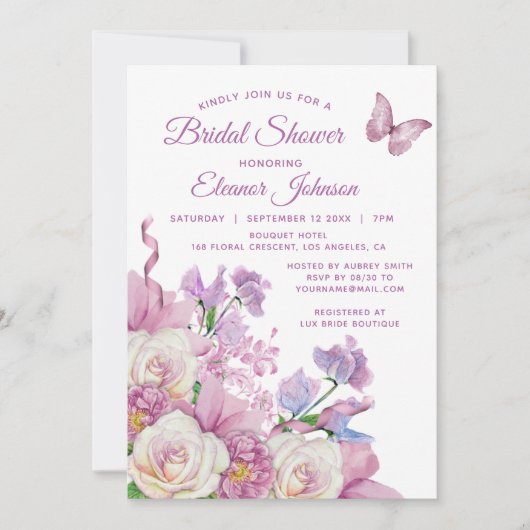 Lila Butterfly-Brautparty Einladung (Vorderseite)