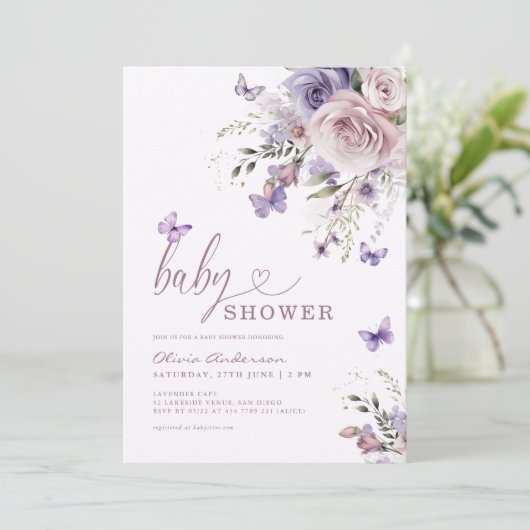 Lila Butterfly Floral Baby Dusche Einladung (Stehend Vorderseite)