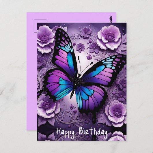 Lila Butterfly Floral Geburtstag Postkarte (Vorne/Hinten)