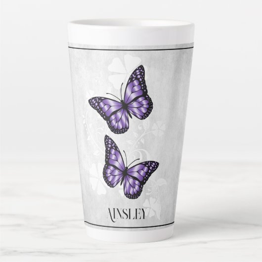 Lila Butterfly Floral Personalisiert Latte Tasse (Vorderseite)