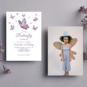 Lila Butterfly Girl Geburtstagsgeschenk Foto Einladung