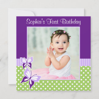 Lila Butterfly Green Polka Dot Birthday Foto Einladung