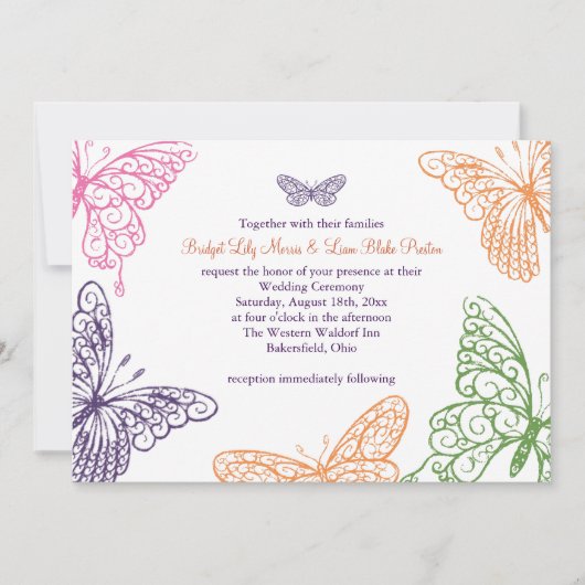 Lila Butterfly Kisses Hochzeitsempfehlung Einladung (Vorderseite)