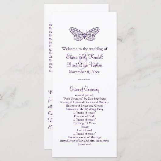 Lila Butterfly-Kisses-Hochzeitsprogramm Programm (Vorne/Hinten)