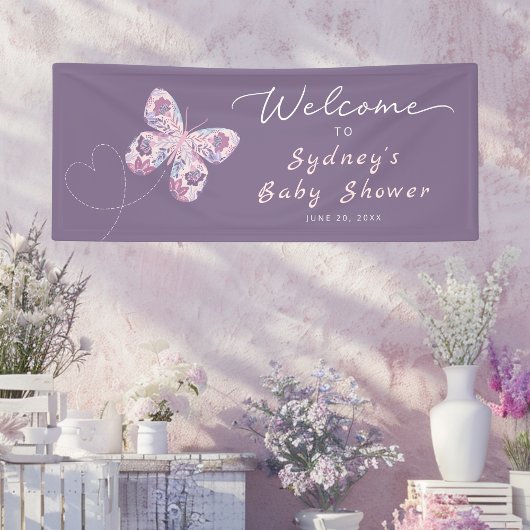 Lila Butterfly Personalisiert Babydusche Empfang Banner