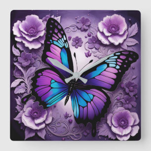 Lila Butterfly Quadratische Wanduhr