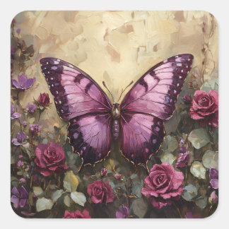 Lila Butterfly Rose Bush Malerei Quadratischer Aufkleber