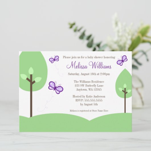 Lila Butterfly Trees Kinderdusche Einladungen (Stehend Vorderseite)