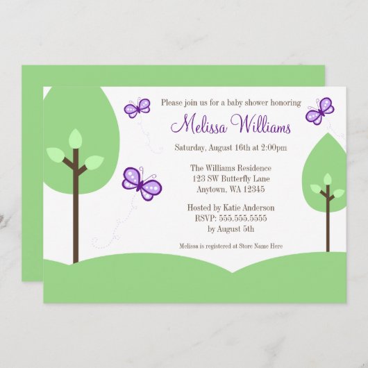 Lila Butterfly Trees Kinderdusche Einladungen (Vorne/Hinten)