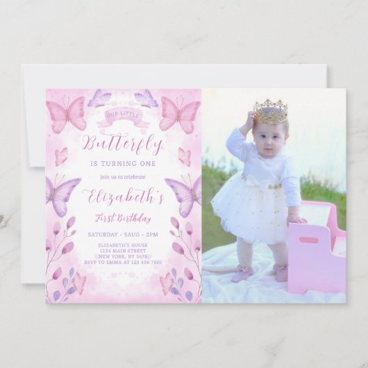 Lila Butterfly zum Geburtstag Einladung mit Foto (Vorderseite)