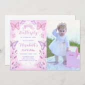Lila Butterfly zum Geburtstag Einladung mit Foto (Vorne/Hinten)