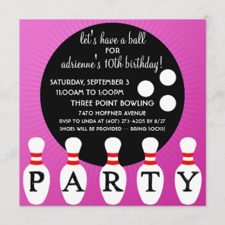 Lila Button-Party-Bowlings-Geburtstags-Party Einladung