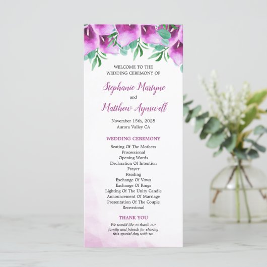 Lila Calla Lily Floral Wedding Zeremonie Programm (Stehend Vorderseite)