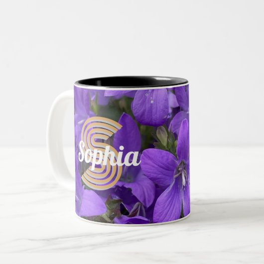 Lila Campanula-Blume Mit Monogramm Zweifarbige Tasse (Vorderseite Links)