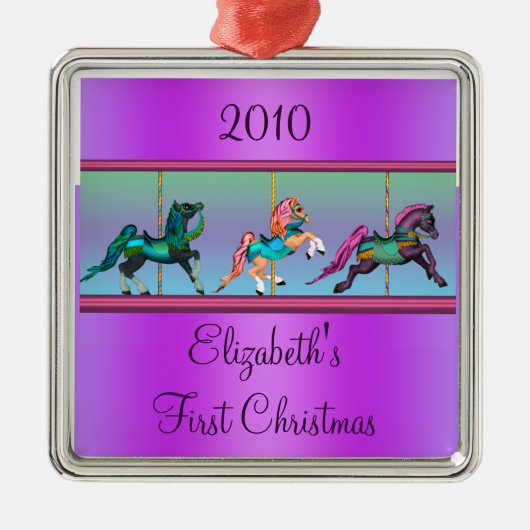 Lila Carousel Ponies Babys Weihnachten Ornament Aus Metall (Vorne)