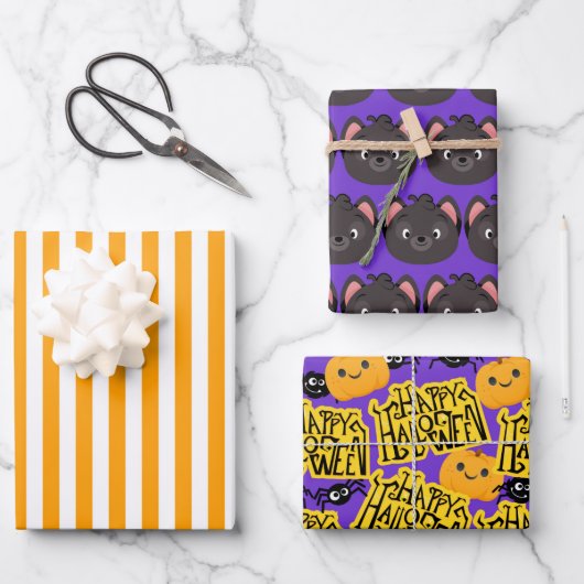 Lila Cat Halloween Geschenkpapier Set (Vorderseite)