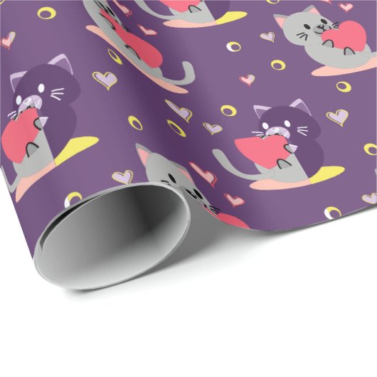 Lila Cat Wrapping Paper - Adable Kittens Geschenkpapier (Rolleneckpunkt)