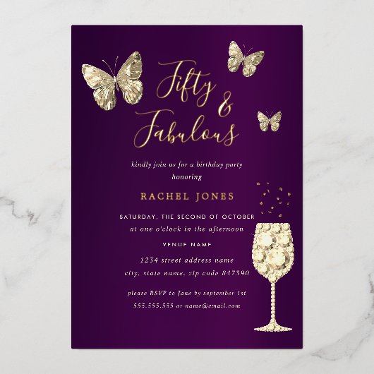 Lila Champagner 50 & fabulous Geburtstag Folieneinladung (Vorderseite)