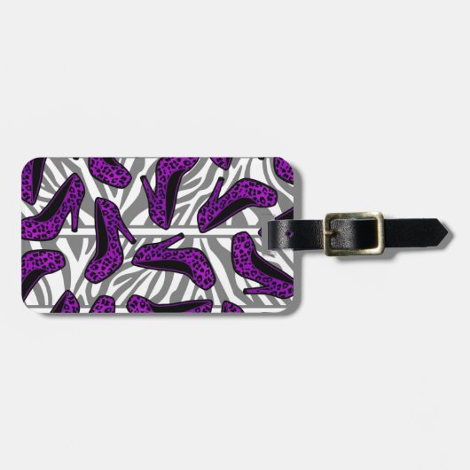 Lila Cheetah-hohe Fersen-Schuh-Druck auf Zebra Gepäckanhänger (Vorderseite horizontal)