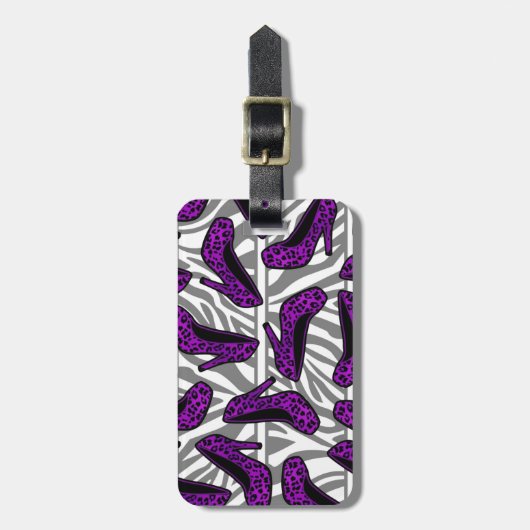Lila Cheetah-hohe Fersen-Schuh-Druck auf Zebra Gepäckanhänger (Vorderseite vertikal)