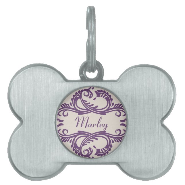 Lila Chic Damask Pet-Tag Tiermarke (Vorderseite)