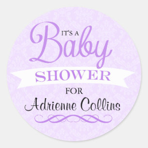 Lila Chic Damast Baby Shower Aufkleber