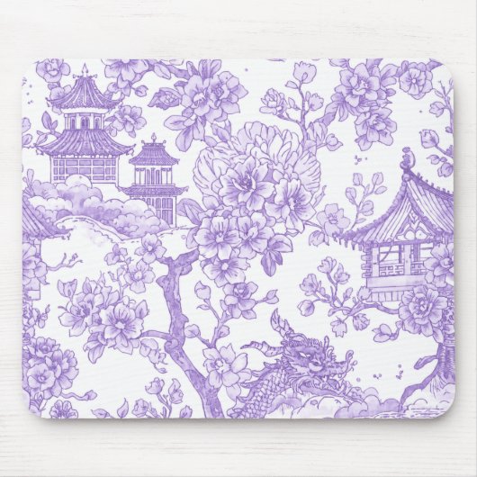 Lila Chinoiserie-Toile-Drache Kirschblüte Mousepad (Vorne)
