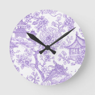 Lila Chinoiserie-Toile-Drache Kirschblüte Runde Wanduhr