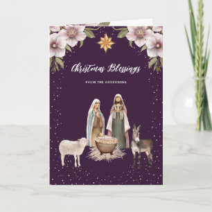 Lila christliches Baby Jesus Krippenszene Feiertagskarte