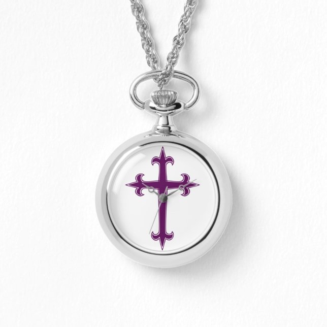 Lila Christliches Kreuz Armbanduhr (Vorderseite)