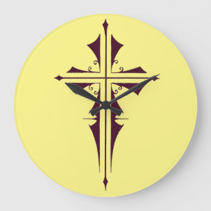 Lila Christliches Kreuz Große Wanduhr
